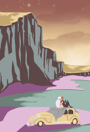 Flat, full body, two characters, complex background