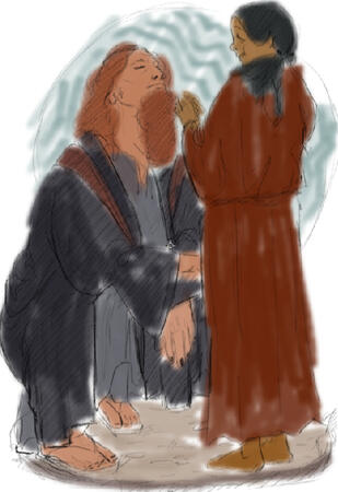 Sketch, two characters, simple background
