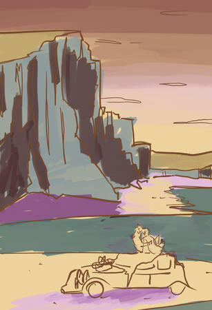 Sketch, two characters, complex background